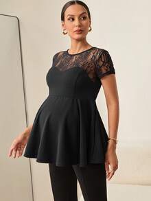 MaterniWear 孕妇圆领短袖蕾丝拼接荷叶边下摆纯色T恤 - 黑色 - 查看 8
