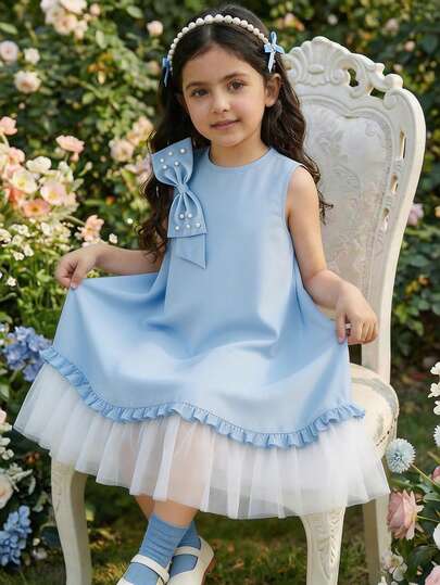 Young Girl' Light Blue Sleeveless Tulle Dress, Pearl Bow Decor Princess Dress, Summer Loose Mesh Dress, Girls' Summer Mesh Patchwork A-Line Dress