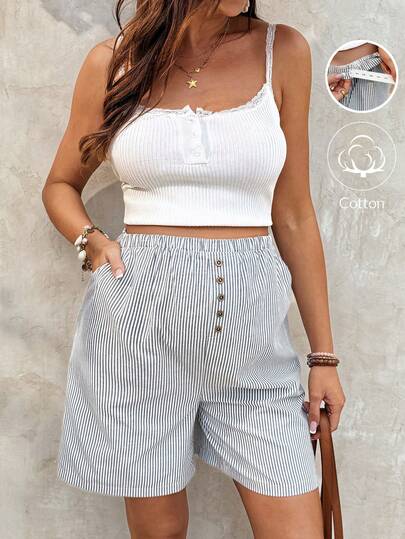 SHEIN شورت كاجوال مخطط قابل للتعديل الخصر للنساء الحوامل