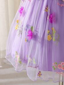 Glamorique Kids 女童浅黄色彼得潘领短袖连衣裙，蕾丝边饰3D立体花朵，光滑缎面宽松A字裙摆，夏季清新甜美公主裙，适合日常出行和生日等场合，亲肤顺滑不闷汗，易穿舒适。 - 紫色 - 查看 8