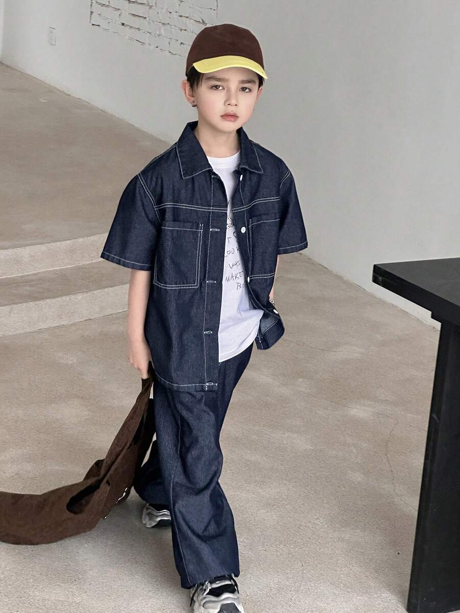 DAZY 青少年男童单排扣短袖上衣和长裤休闲牛仔套装 - 藍色 - 查看 1