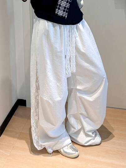 K-Vae Calça feminina casual de estilo urbano com detalhes em renda, cintura ajustável e pernas largas, ideal para o dia a dia.