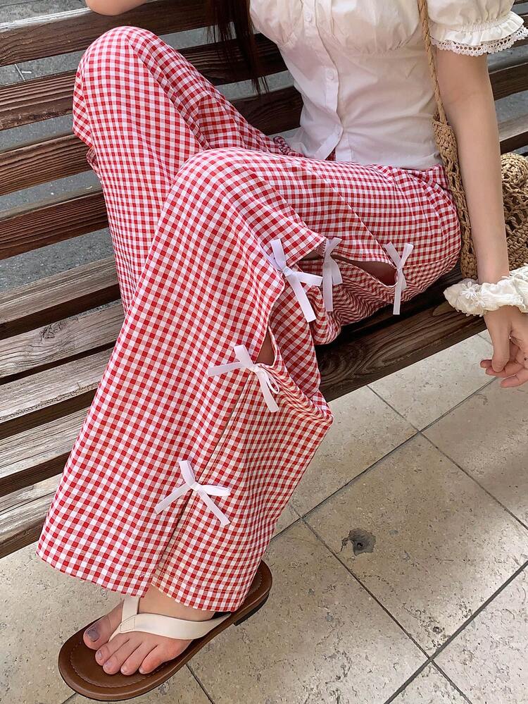 Women's Casual Loose Straight Leg Pants With Plaid Patchwork, Bow Decor, Suitable For Spring, Summer, Valentine's Day, Wedding, Beach, Vacation,