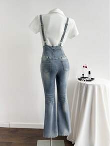 Elamini Women's Button Front Pocket Casual Flare Leg Denim Jumpsuit - Blue - View 2