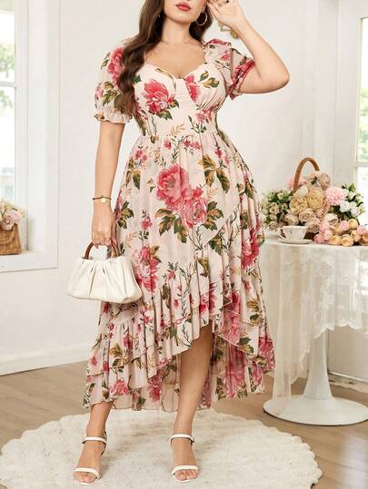 Reflora Plus Size Elegant Floral Print Ruffle Hem Petal Sleeve Dress, Summer
