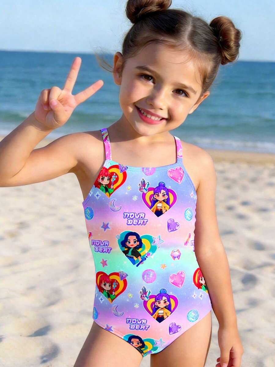 SHEIN 适合夏季的少女休闲简约连体泳衣 - 彩色 - 查看 1