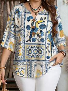 Rusticease Plus Size Women Tropical Shell Print White Blue,Summer,Boho,Casual,Vacation,Holiday Floral V-Neck Button Design Shirt,Retro Seaside Country Style Tops - Multicolor - View 3