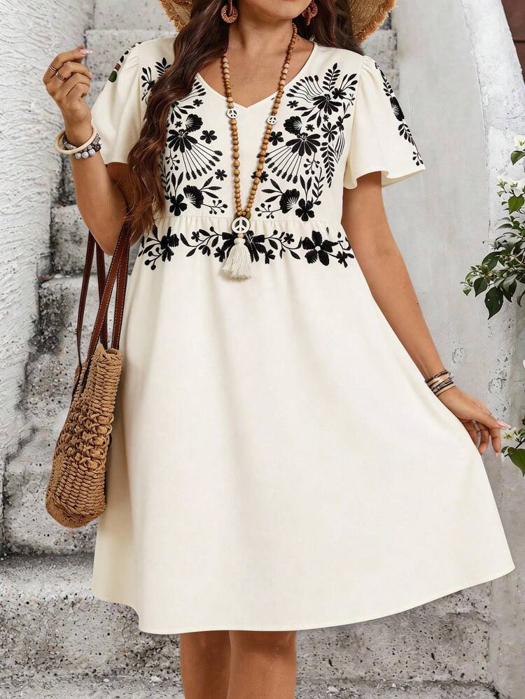 Plus Size Summer Floral Print V-Neck Short Sleeve Dress/Vacation Women's Summer Dresses Women Casual Dresses Summer Outfits For Women Beach Outfit For Women Casual Vacation Outfits Women Country Concert Outfit Peplum