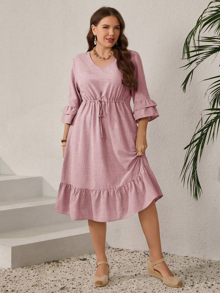 Plus Size Casual Solid Color Ruffle Drawstring Waist Dress