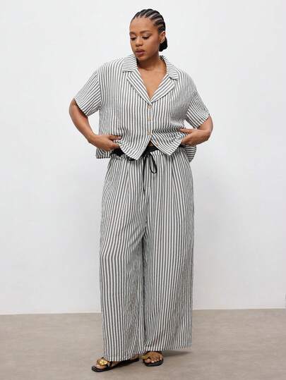 Maija Plus Size Front Button Casual Short Sleeve Printed Shirt Women Vacation Outfit Sets Women Striped Pants Set Womens Summer Outfits Womens Summer Co Ord Women 2 Piece Outfit Casual