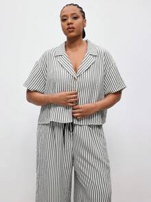 Maija Plus Size Front Button Casual Short Sleeve Printed Shirt Women Vacation Summer Casual For Vintage Old Money Teacher Romantic, Fashion, Versatile Women Party Top Beach Holiday Going Out Graduation Elegant Casual Formal Attire Work Office For Women - Black and White - View 4