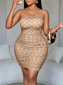 SOLERSUN 大码女式大理石纹印花无肩带紧身派对连衣裙（随机花卉印花） - 卡其色 - 查看 3