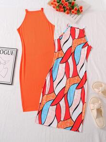 SHEIN 少女条纹修身基本款连衣裙套装 - 彩色 - 查看 2