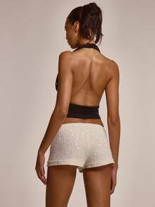 MUSERA Deep Plunge Open Back Silver Studded Ruched Halterneck Top Cute Summer Spring Sexy Going Out Beach Holiday Vacation Honey Tides - Black - View 4