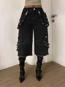 StreetHx Women's Summer Street Style Frayed Hem Loose Fit Jeans - Black - View 1