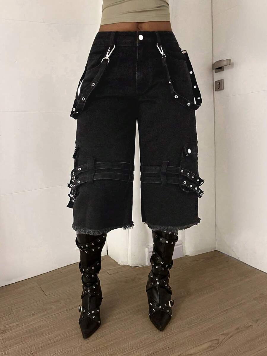 StreetHx Women's Summer Street Style Frayed Hem Loose Fit Jeans - Black - View 1