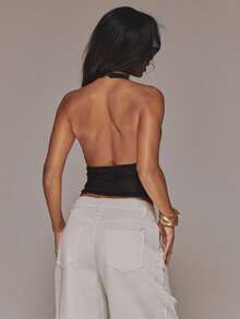 MUSERA Broderie Panel Mesh Fitted Halterneck Top Spring Summer Vacation Holiday Classy Elegant Night Out Date Night Coolgirl Sexy - Black - View 2