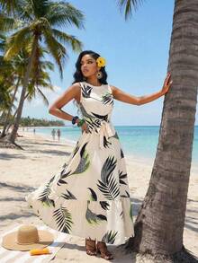 Breezaya Đầm nữ không tay dáng suông in họa tiết thực vật, mùa hè, kiểu boho thắt eo, viền bèo nhún, cổ tròn nhún bèo dáng dài, màu mơ in họa tiết khắp thân đầm, họa tiết cây cỏ, đầm dài dáng chữ A nhiệt đới cho nữ, mùa xuân/hè, trang phục maxi thường ngày cho nữ. - Màu be - Xem 5