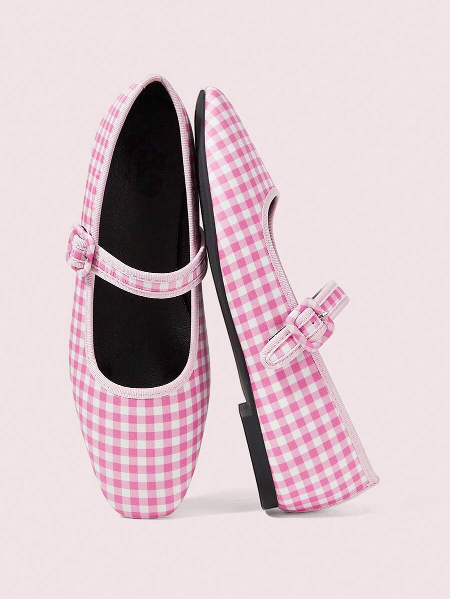 CUCCOO DOLLMOD Ladies Pink And White Plaid Splicing French Retro Square Toe Elegant Word-For-Word Bag Buckle Simple Design Mary Jane Flat Shoes Suitable For All Seasons Holiday Birthday Party Low Vamp Shoes - Pink and white plaid - View 1