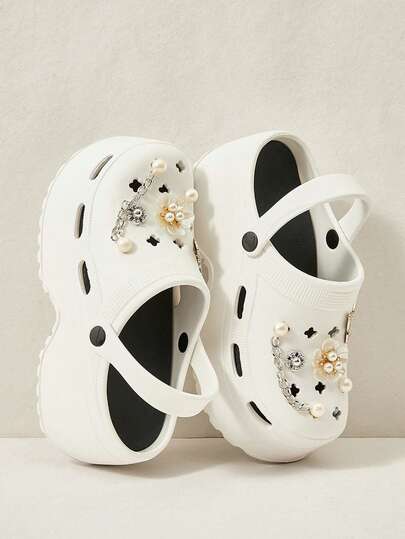 Cuccoo Thick-Soled Heightening Clogs For Women's Summer 8cm Muffin Bottom, Small Man Gospel, Butterfly Pearl Rhinestone Decoration, Lightweight EVA Non-Slip Closed Toe, Beach Vacation Daily Commuter Sandals