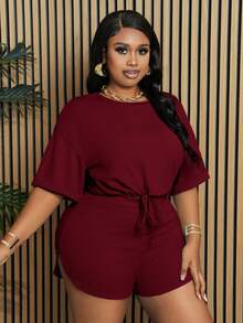 Slaydiva Slayr Plus Setelan 2 Potong Wanita Ukuran Plus Warna Polos dengan Tali Serut di Pinggang dan Belahan di Bagian Bawah, Setelan Musim Panas Jumpsuit Yoga untuk Kerja dari Rumah, Bahan Wol Dua Potong - Burgundy - View 6