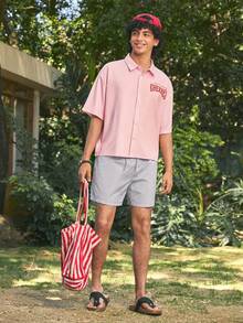 Open Phase 男士短袖后背樱桃字母图案休闲夏季衬衫男樱桃衬衫 - 粉色 - 查看 3