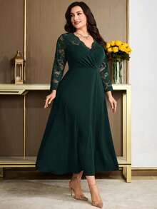 Modelyn Vestido elegante de fiesta de talla grande de unicolor con parches de encaje - Verde Oscuro - Ver 5