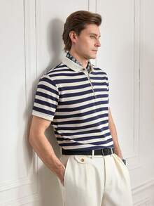 Officeau Knitted Men's Striped Polo Shirt - Fashionable & Comfortable - Knitted - Navy Blue - View 6