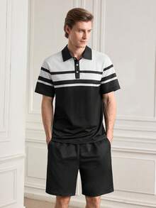 Men's Business Patchwork Print Short Sleeve Polo Shirt And Shorts Set - Black - View 4