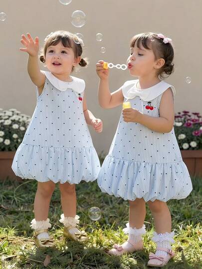 Souflis Souflis French New Style Baby Girls' Summer Dress, Cute Peter Pan Collar Sleeveless Princess Dress With Allover Heart Print And Cherry Embroidery, Sweet And Fashionable, Suitable For Outings, School, Shopping And Other Occasions