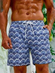 Manfinity Swimmode Men's Summer Vacation Shell Print Drawstring Waist Beach Shorts Blue Patterned Swim Trunks Men's Beachwear Pool Clothes Men Men's Blue Swim Trunks - Multicolor - View 1
