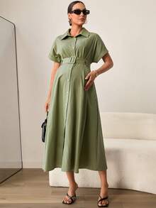 MaterniWear Đầm bầu màu trơn, cạp chun, cài cúc phía trước, tay ngắn, kiểu dáng thường ngày. - màu xanh lá - Xem 6