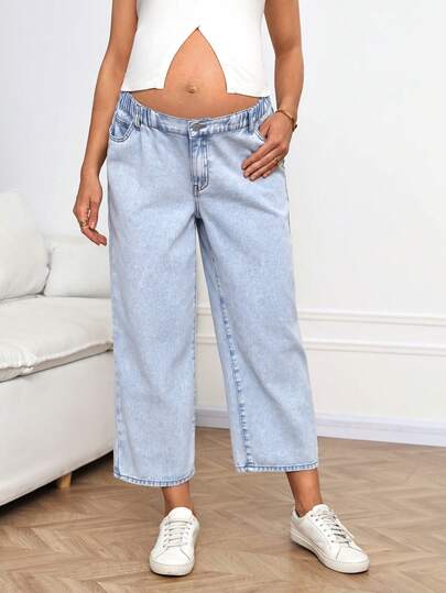SHEIN Maternity Casual Commuting Low-Waist Straight Leg 7/8 Length Jeans Summer Carnival Costume Commuting Vacation Graduation Chic Y2k Cute Streetwear Coquette Party Wedding Elegant Business Casual Woman Business Beach Graduation Plus Size Stylish Maternity Jeans Light Wash Elastic Waist Wide Leg Ankle Length Denim Pants For Women