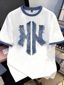 Claim Dot 街头风仿牛仔拼接印花撞色短袖休闲简约优雅基础款圆领T恤，男士加大码 - 藏蓝色 - 查看 4