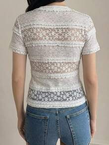 DAZY Sheer Lace Form-Fitting Solid Color Round Neck Tight Fit Short Sleeve Undershirt, Spring & Summer For Women - White - View 5
