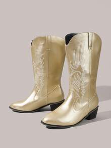 Styleloop Women's Red Western Embroidered Pull-On Ankle Boots, Leather Motorcycle Knee-High Boots, Chunky Heel Mid-Calf Boots - Golden leather - View 3