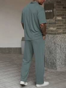 Manfinity Homme Men's Knitted Textured Fabric Polo Shirt And Pants Set - Green - View 2