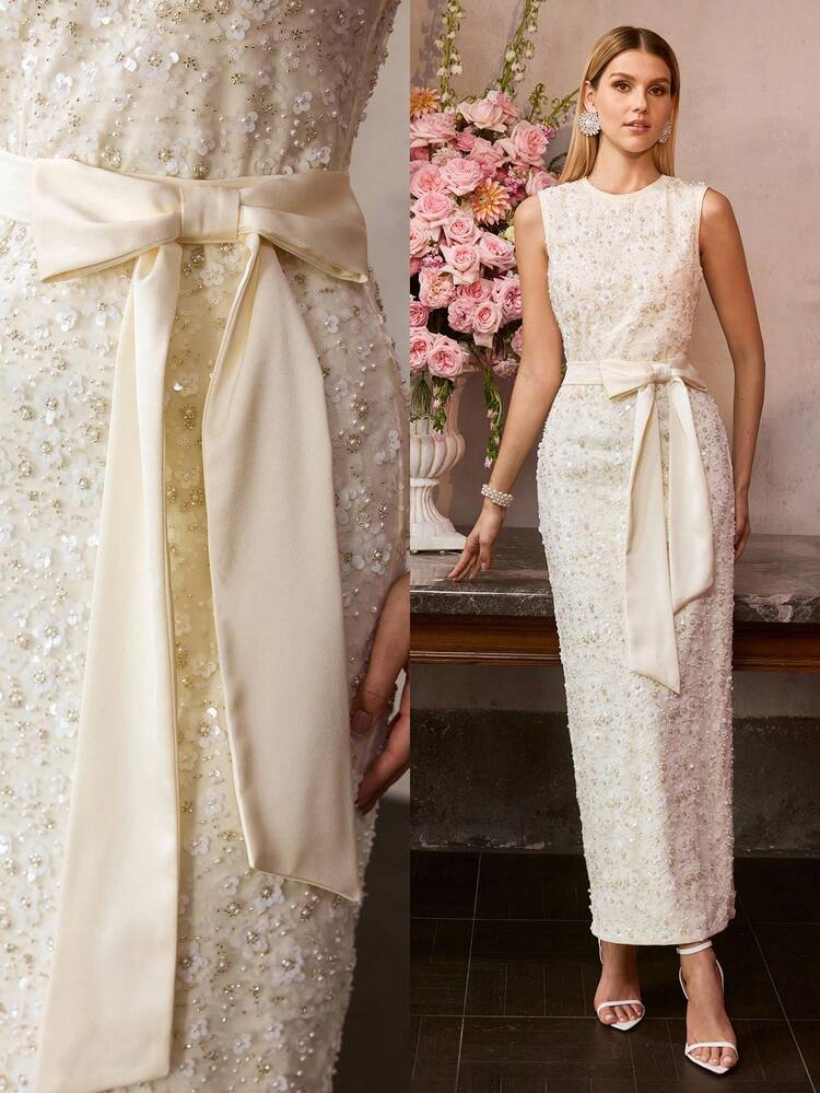 MOTF Soiréza WOMEN'S SEQUINS EMBROIDERED BOWKNOT ROUND NECK APRICOT DRESS, FORMAL OCCASION