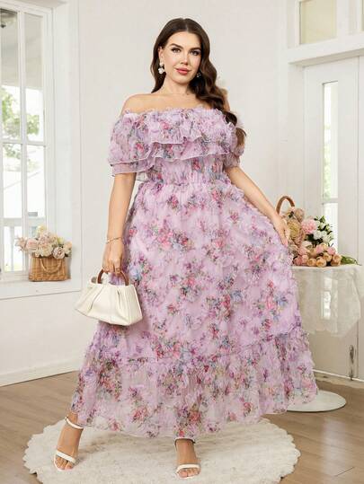 Reflora Plus Size Elegant Floral Print Mesh Off Shoulder Ruffle Hem Dress, Summer