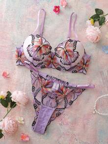 Elorette 2pcs Lavender Floral Embroidered Butterfly Pattern Balconette Bra Set, High Support, Lift & Cleavage, Comfortable Push-Up - Lilac Purple - View 6