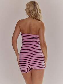 MUSERA Bộ áo liền quần quây ngực không dây bằng vải nỉ kẻ sọc, ôm sát, thích hợp cho mùa xuân hè, dễ thương, nữ tính, đi nghỉ mát, đi biển, mặc hàng ngày, màu kem sorbet. - Màu Hồng Tươi - Xem 2