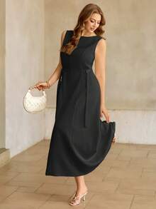 Roveilla Plus Size Women's Solid Color Boat Neck Sleeveless Maxi Dress With Waist Belt, Elegant French Retro Style For Office Evening Formal, Business, Casual, Beach, Party, , Spring/Summer Sleeveless Dress Elegant Plus Size Dress Black Curve Dresses Plain Plus Size Dresses Zanea Dress For Woman Ladies Dresses Zanzea Dress For Women Plus Size - Black - View 3