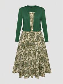 Franclia 大码纯色外套和印花吊带连衣裙套装 女士春季服装 女士度假套装 女士连衣裙 正式礼服 婚礼礼服 女士宾客套装 - 墨綠色 - 查看 3