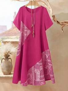 Rusticease Plus Size Women Casual Vacation Cashew Print Round Neck Short Sleeve Dress - Hot Pink - View 4