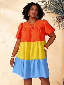BrightlyHer Robe courte casual à manches bouffantes et blocs de couleurs pour femmes grandes tailles, printemps - Multicolore - Voir 7