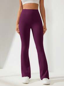 Eassivo Eassivo Pantalones acampanados con pliegues elásticos de unicolor minimalistas para mujer - Morado - Ver 4