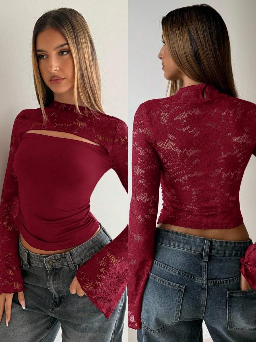Aloruh Wine Red Lace Flare Sleeve Slim Fit Hollow Out Women T-Shirt