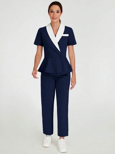 TaskEZ Women's Contrast Color Shawl Neck Short Sleeve Ruffle Hem Top And Pants Work Uniform Set