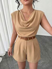 Elenzga Women's Plus Size Elegant 2 Piece Set,Sleeveless Blazer&Classy Shorts,Tie Dye,Summer,Casual,Everyday Luxury Suit,Versatile Waistcoat&Asymmetrical Top - Khaki - View 8