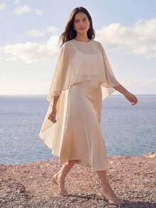 Juhart 大码女式不对称下摆薄纱波浪下摆休闲衬衫 - 杏色 - 查看 8